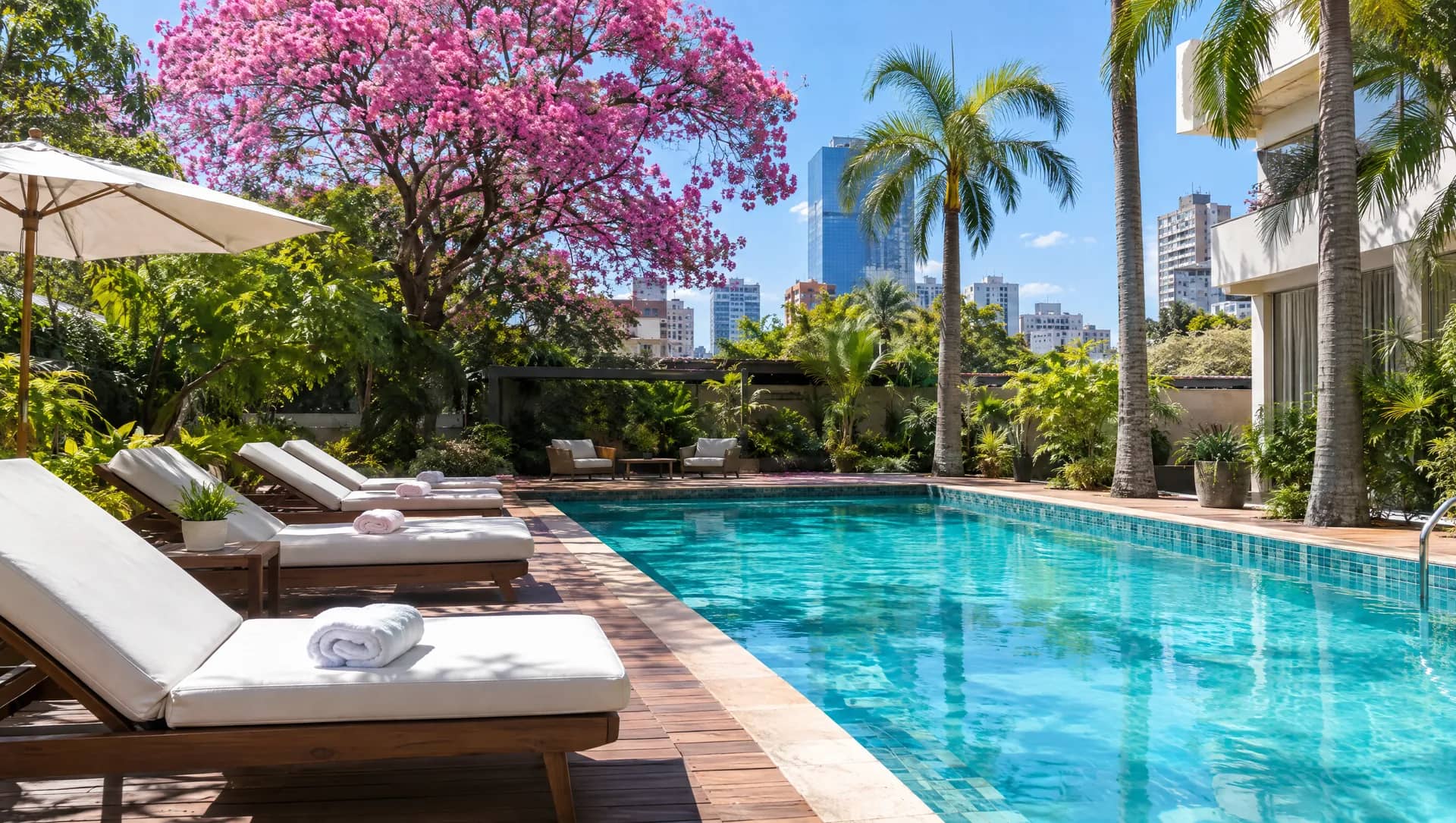 Piscina con lapacho en flor